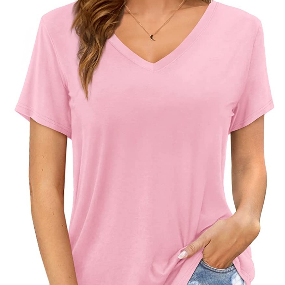 Amoretu Womens Tshirts V Neck Short Sleeve Top Tee Solid Color Blouse Pink M